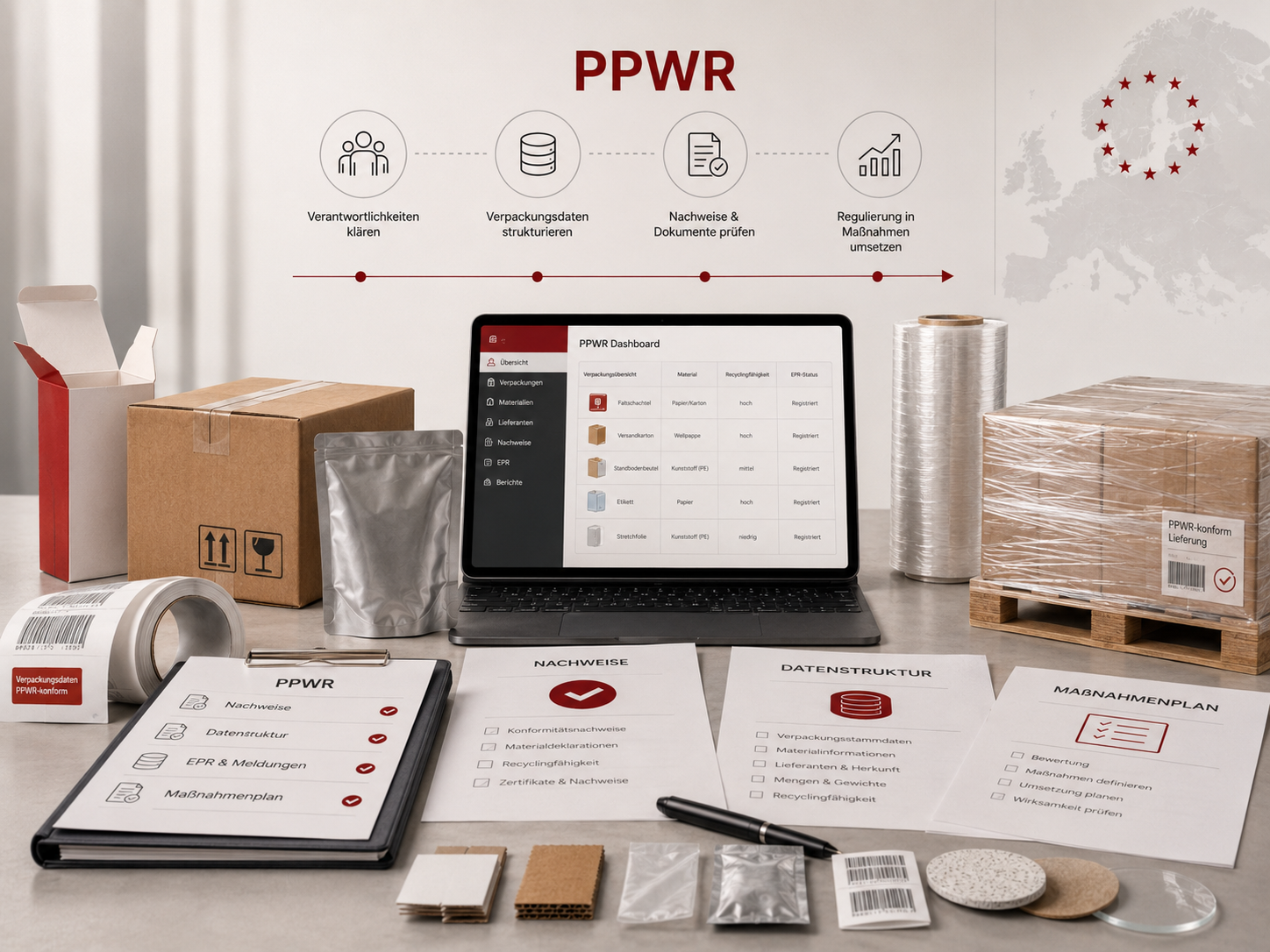 PPWR-Arbeitsplatz mit verschiedenen Verpackungsarten, Datenübersicht, Nachweisen und Maßnahmenplan